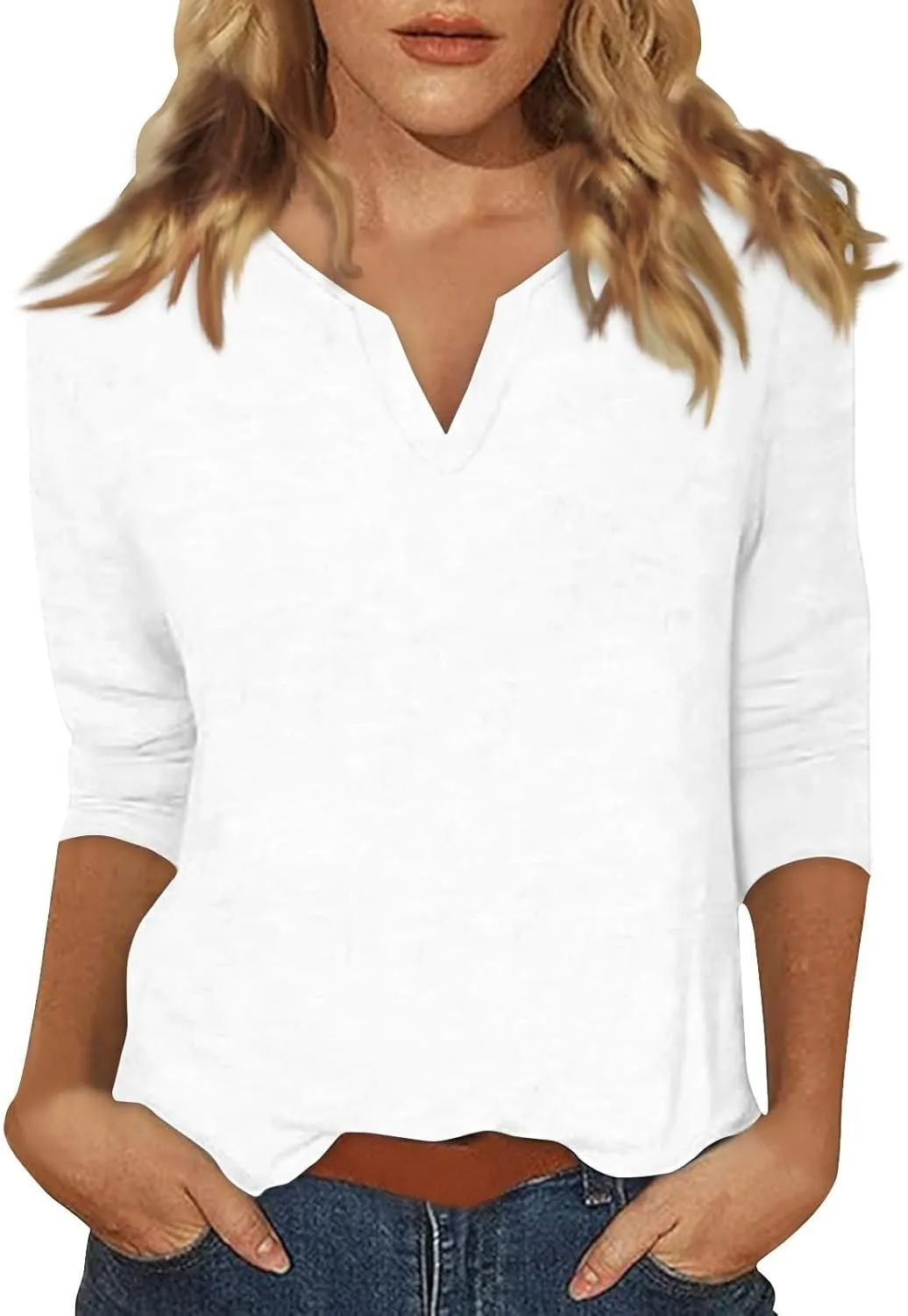 3/4 Sleeve Tops for Women Summer Notched V Neck Plain T Shirts Casual Cute Three Quarter Length Dressy Blouses