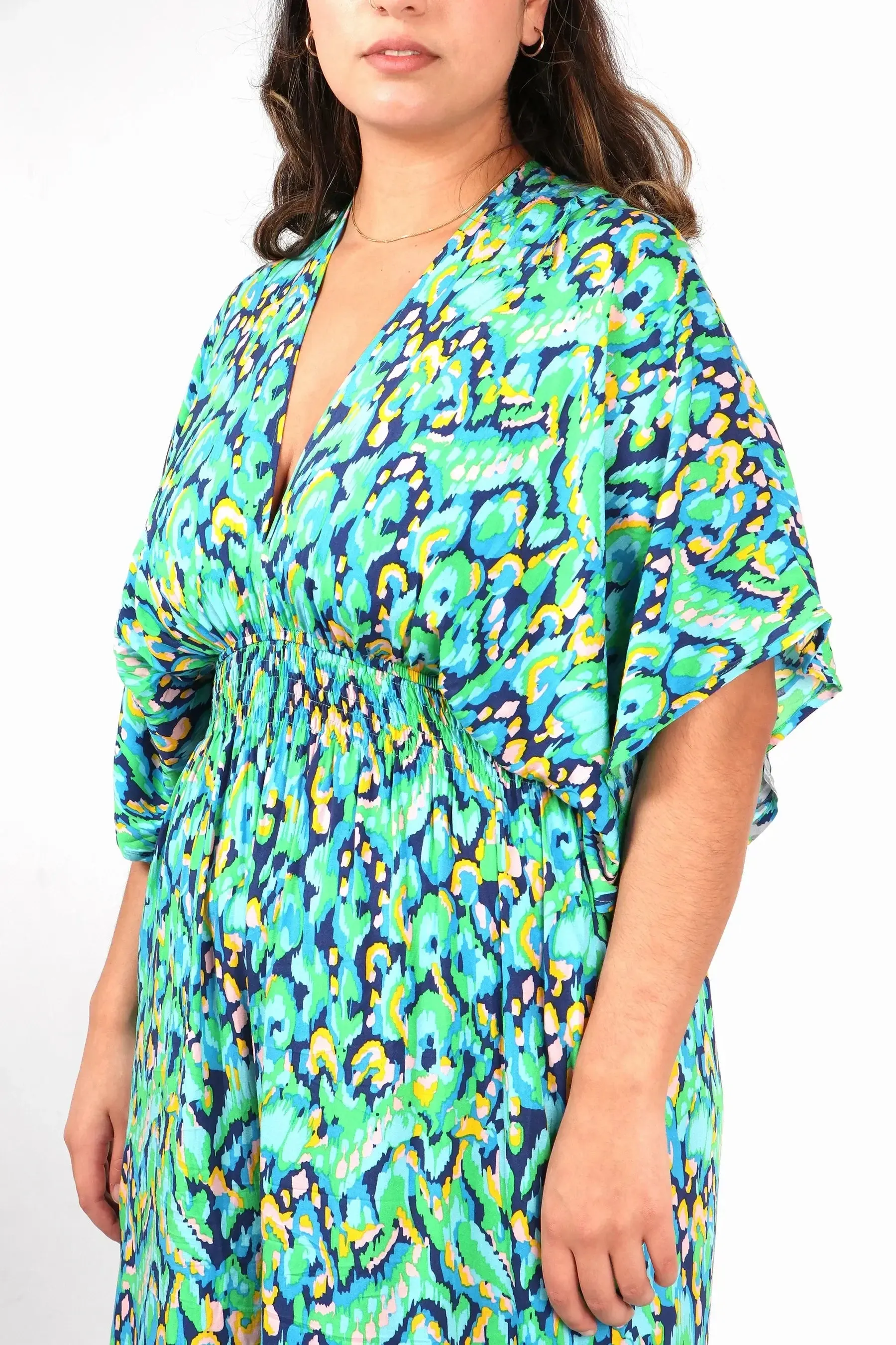 Abstract Print Flared Wide Leg Shirred Jumpsuit - Green & Blue