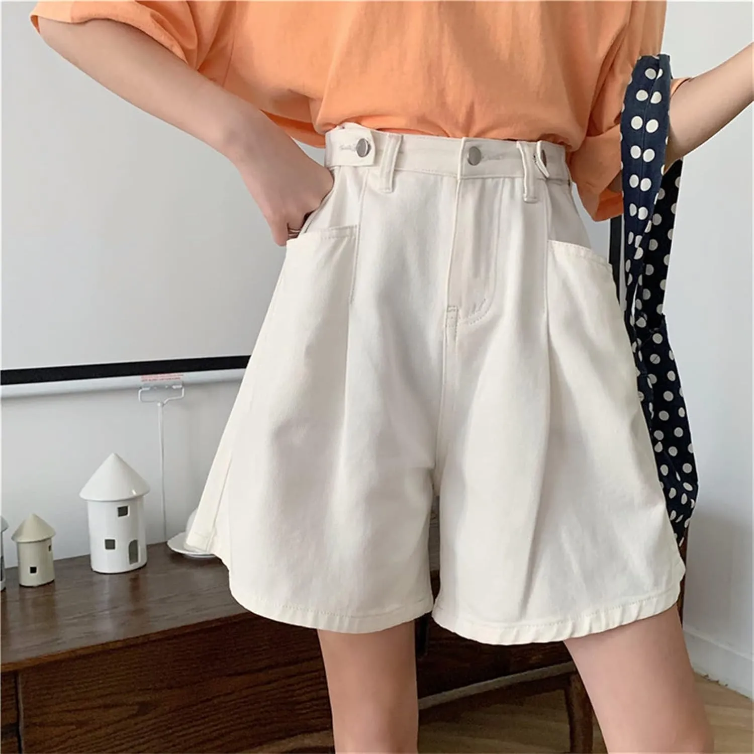 Andongnywell Women's High Waisted Denim Shorts Hem Wide Leg Casual Jeans Shorts with Pockets Wide-Leg Short Trousers