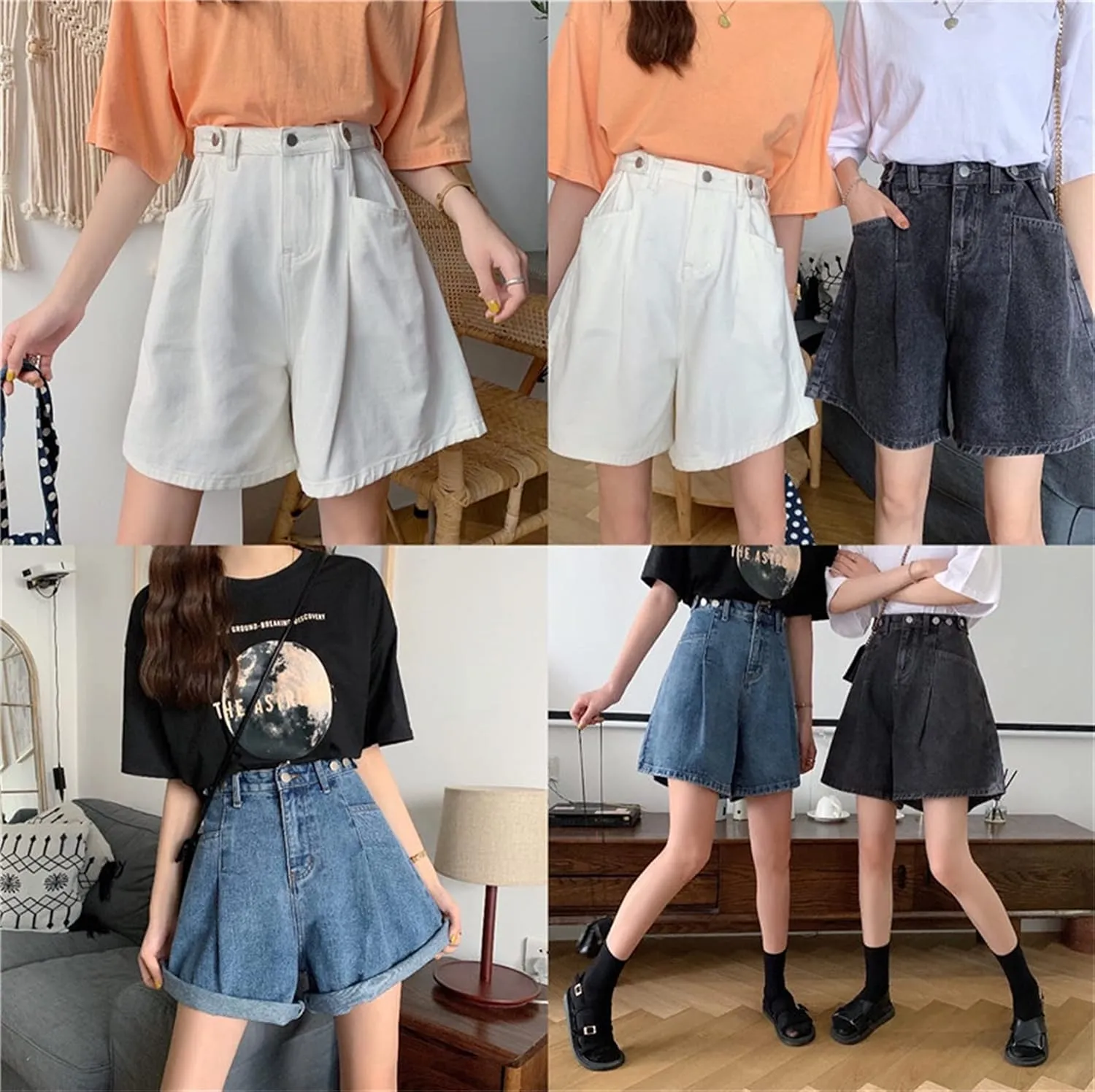 Andongnywell Women's High Waisted Denim Shorts Hem Wide Leg Casual Jeans Shorts with Pockets Wide-Leg Short Trousers