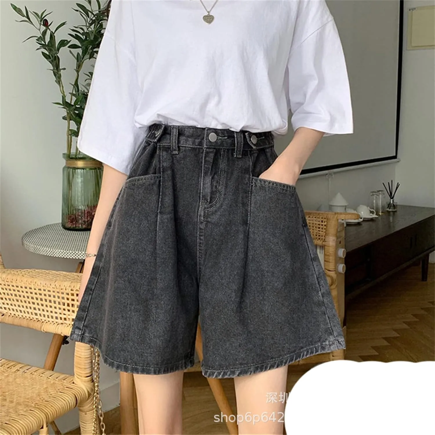 Andongnywell Women's High Waisted Denim Shorts Hem Wide Leg Casual Jeans Shorts with Pockets Wide-Leg Short Trousers
