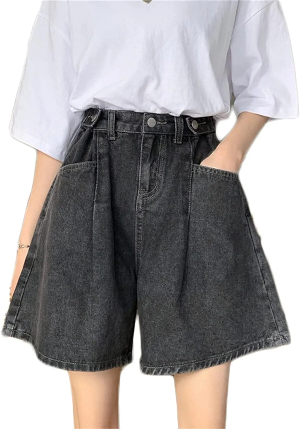 Andongnywell Women's High Waisted Denim Shorts Hem Wide Leg Casual Jeans Shorts with Pockets Wide-Leg Short Trousers