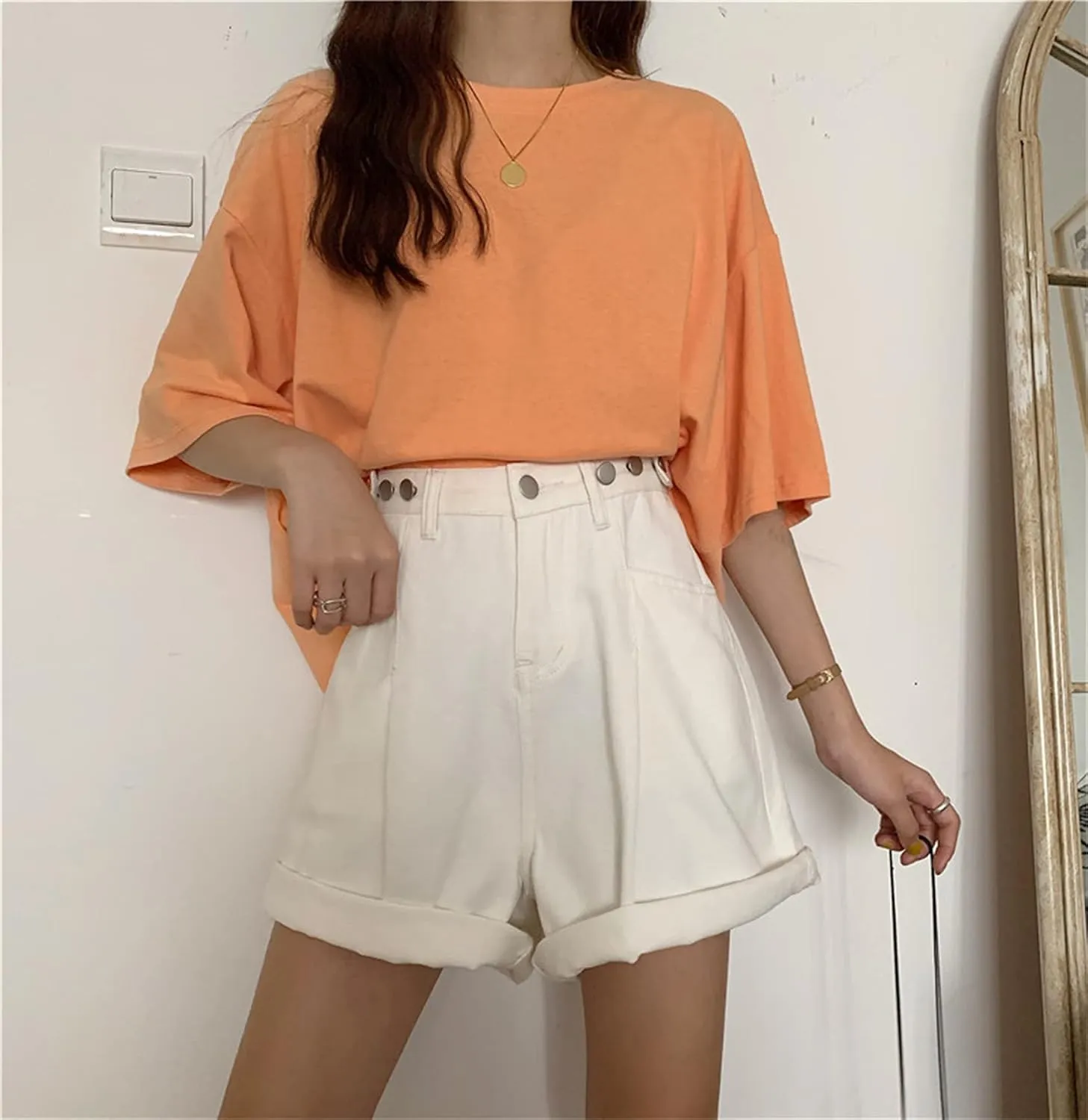 Andongnywell Women's High Waisted Denim Shorts Hem Wide Leg Casual Jeans Shorts with Pockets Wide-Leg Short Trousers