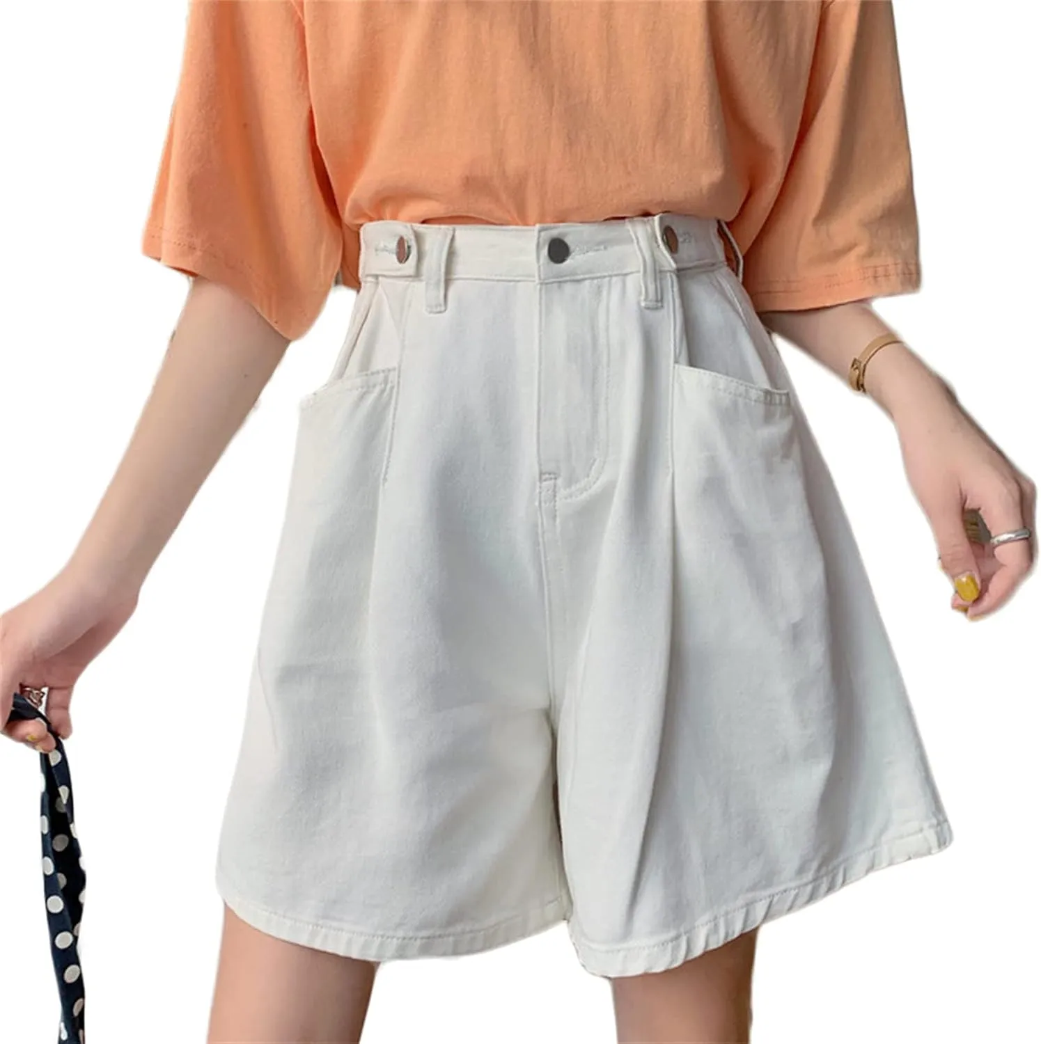 Andongnywell Women's High Waisted Denim Shorts Hem Wide Leg Casual Jeans Shorts with Pockets Wide-Leg Short Trousers