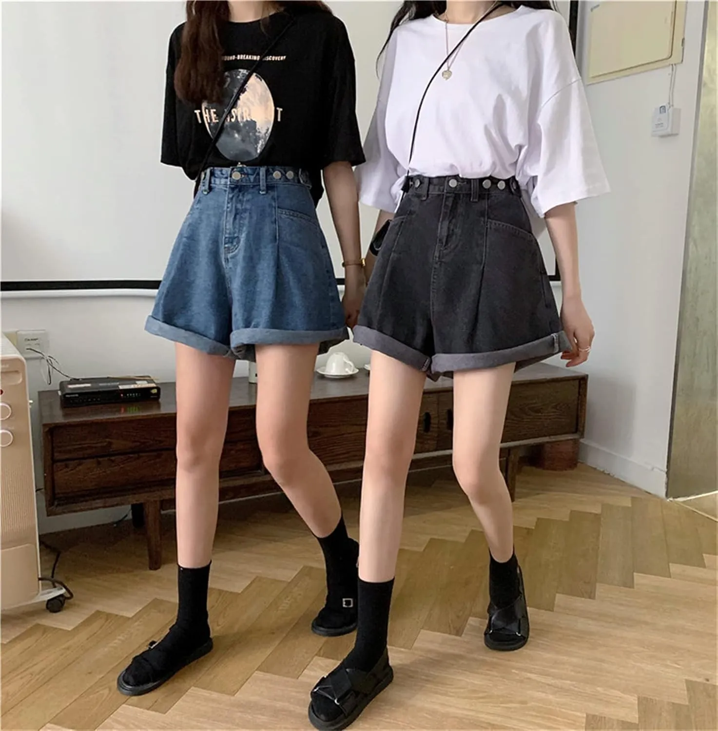 Andongnywell Women's High Waisted Denim Shorts Hem Wide Leg Casual Jeans Shorts with Pockets Wide-Leg Short Trousers