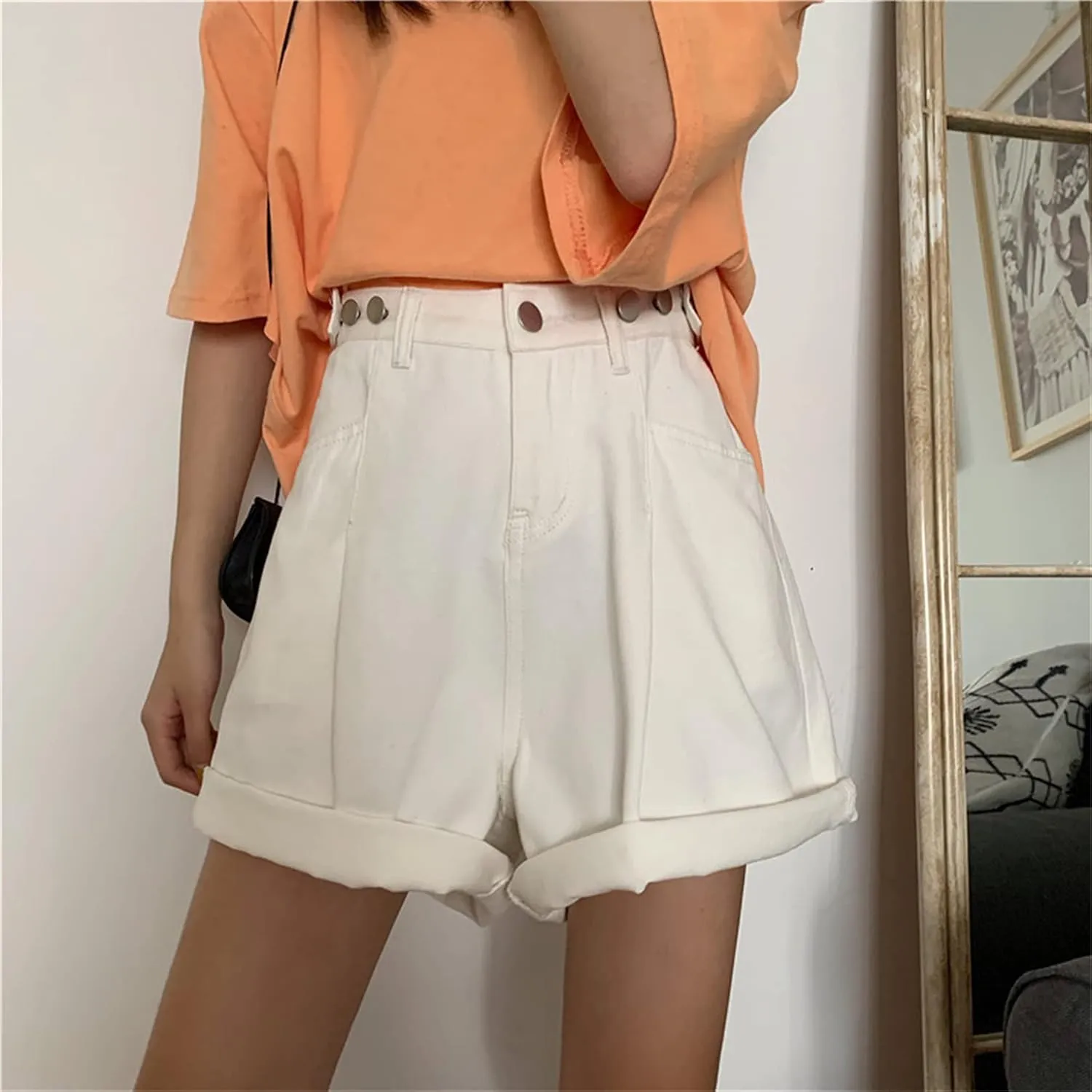 Andongnywell Women's High Waisted Denim Shorts Hem Wide Leg Casual Jeans Shorts with Pockets Wide-Leg Short Trousers
