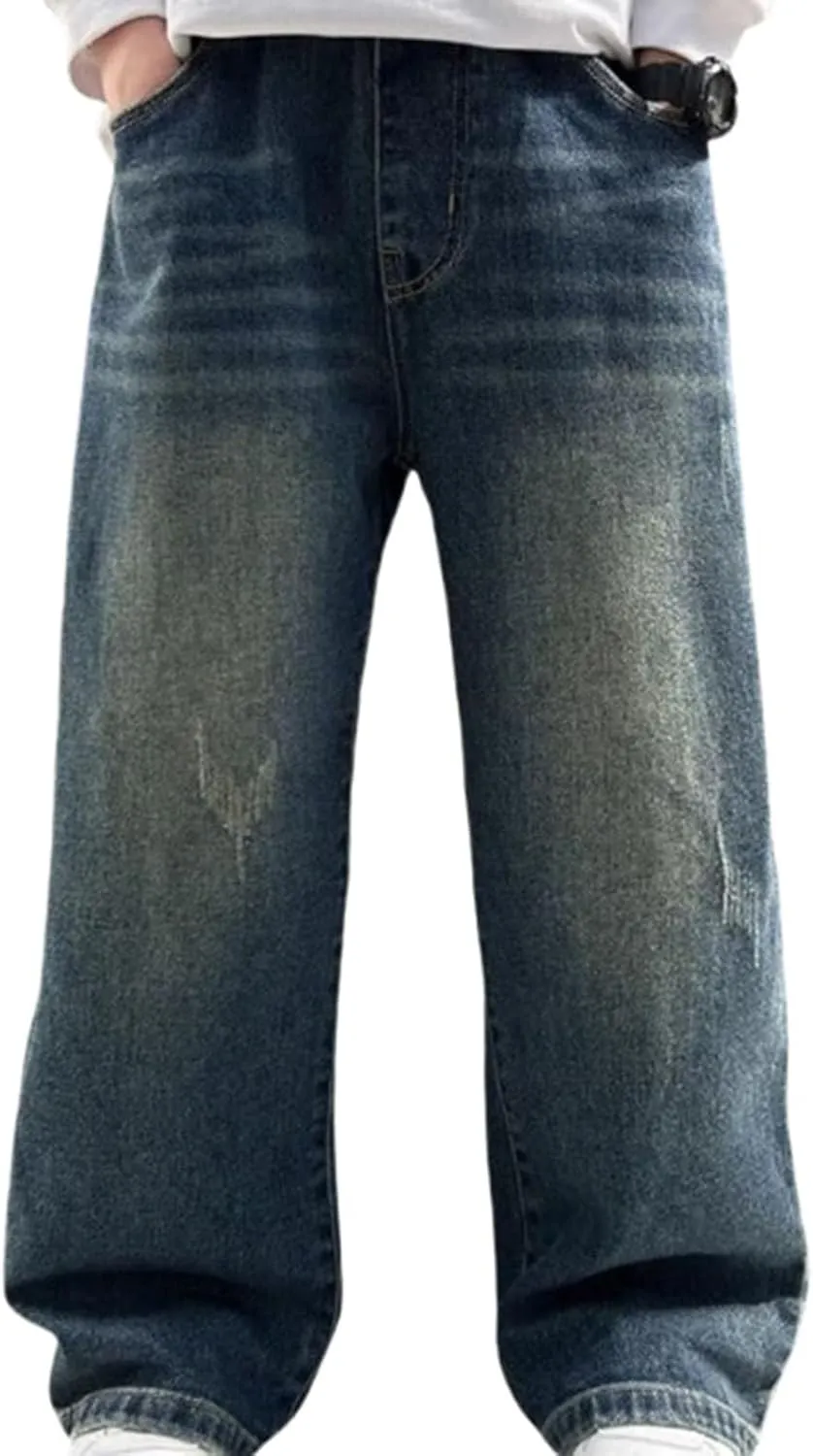 Boy's Baggy Jeans for Kids Teen Casual Straight Wide Leg Cargo Jeans Y2K Loose Elastic Waist Denim Pants Trousers