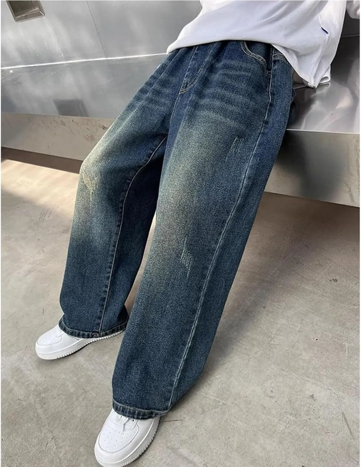 Boy's Baggy Jeans for Kids Teen Casual Straight Wide Leg Cargo Jeans Y2K Loose Elastic Waist Denim Pants Trousers