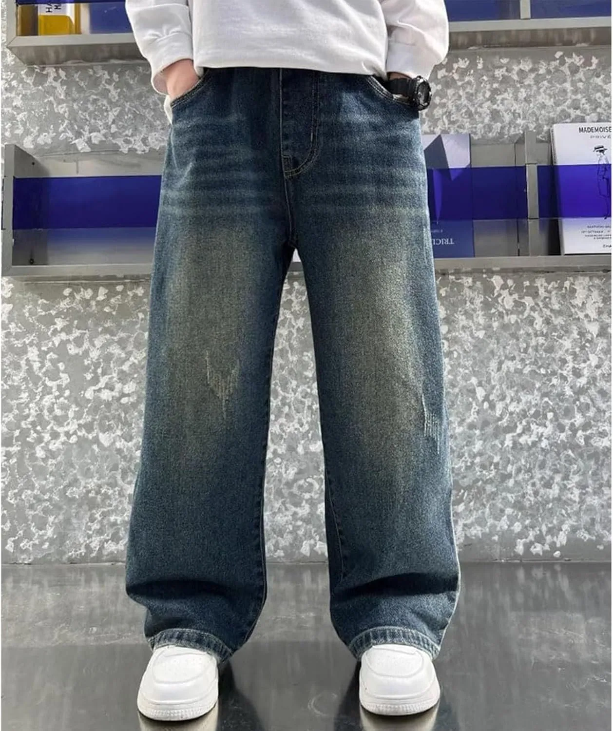 Boy's Baggy Jeans for Kids Teen Casual Straight Wide Leg Cargo Jeans Y2K Loose Elastic Waist Denim Pants Trousers