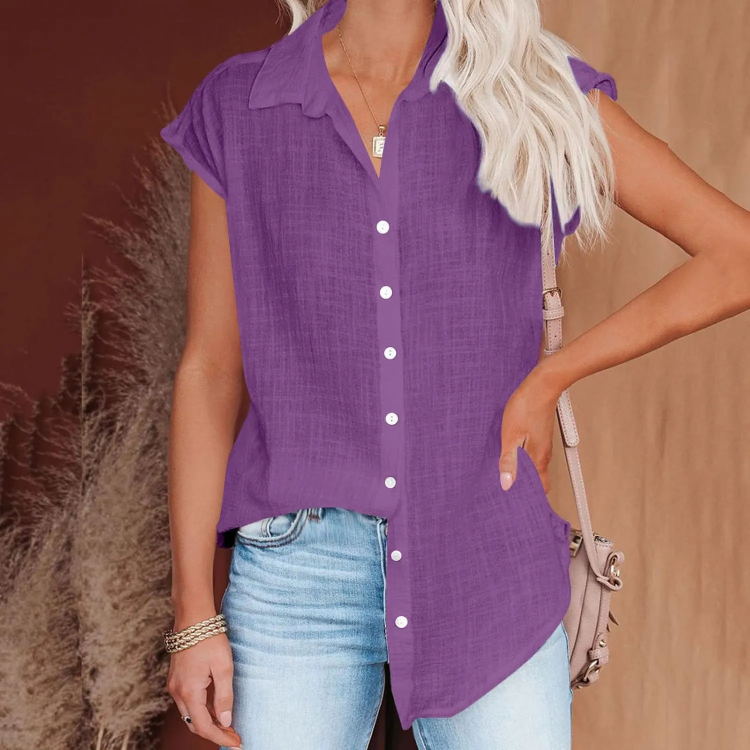 Button Down Shirts for Women Cap Sleeve Work Blouses Tops V Neck Collared Casual Business Plain Basic Summer Shirts