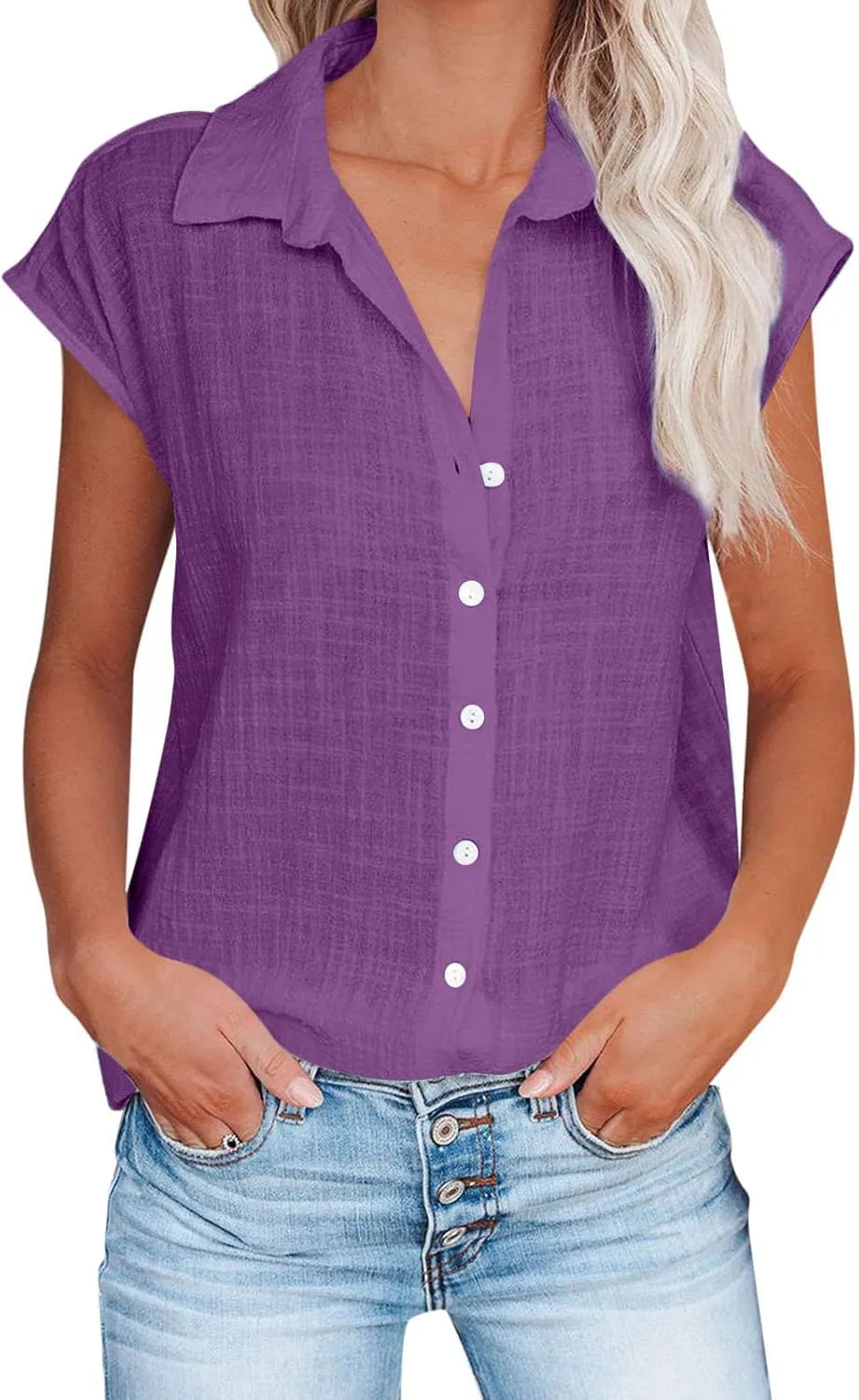 Button Down Shirts for Women Cap Sleeve Work Blouses Tops V Neck Collared Casual Business Plain Basic Summer Shirts