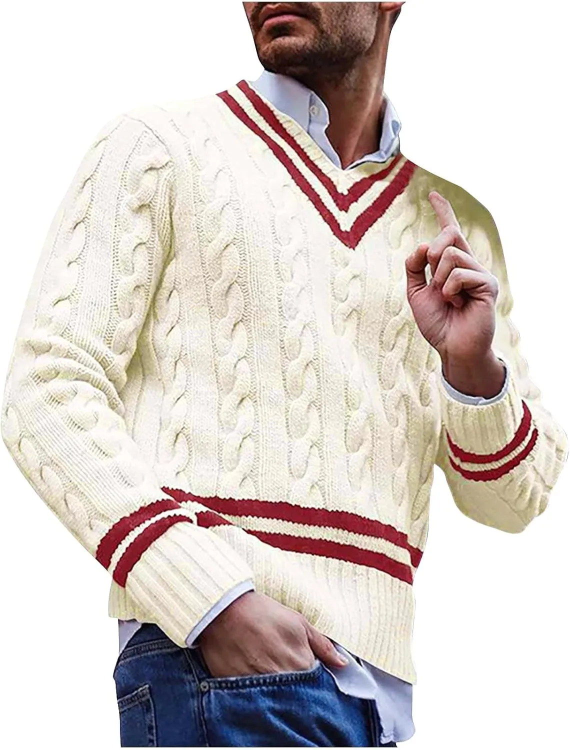 Cable Knit Sweater for Men V Neck Loose Comfort Soft Color Block Sweaters Striped Fashion Long Sleeve Casual Jumper