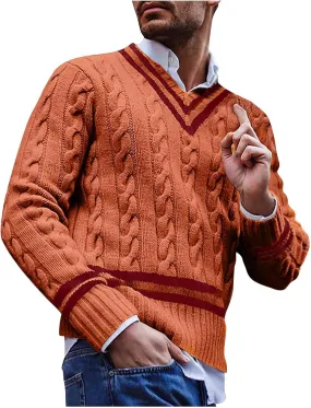 Cable Knit Sweater for Men V Neck Loose Comfort Soft Color Block Sweaters Striped Fashion Long Sleeve Casual Jumper
