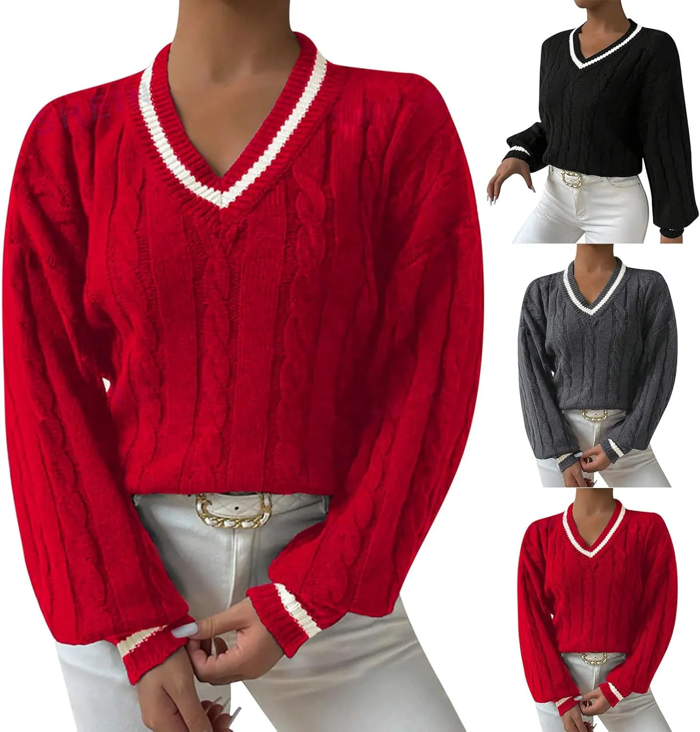 Cable Knit Sweater Women Crew Neck Long Sleeve Pullover Tops Sweater Soft Cute Solid Color Casual Jumper Tops