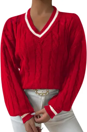 Cable Knit Sweater Women Crew Neck Long Sleeve Pullover Tops Sweater Soft Cute Solid Color Casual Jumper Tops