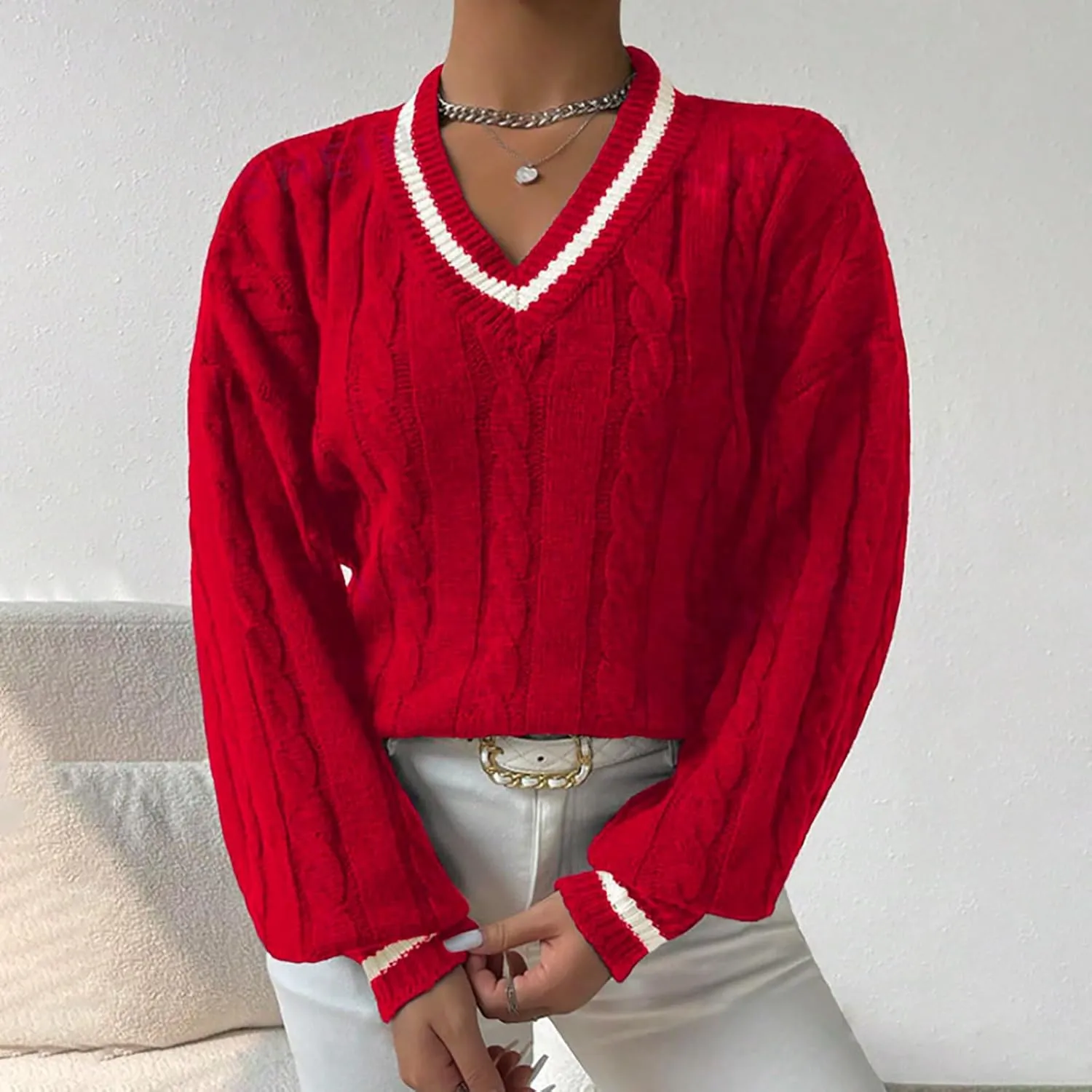 Cable Knit Sweater Women Crew Neck Long Sleeve Pullover Tops Sweater Soft Cute Solid Color Casual Jumper Tops