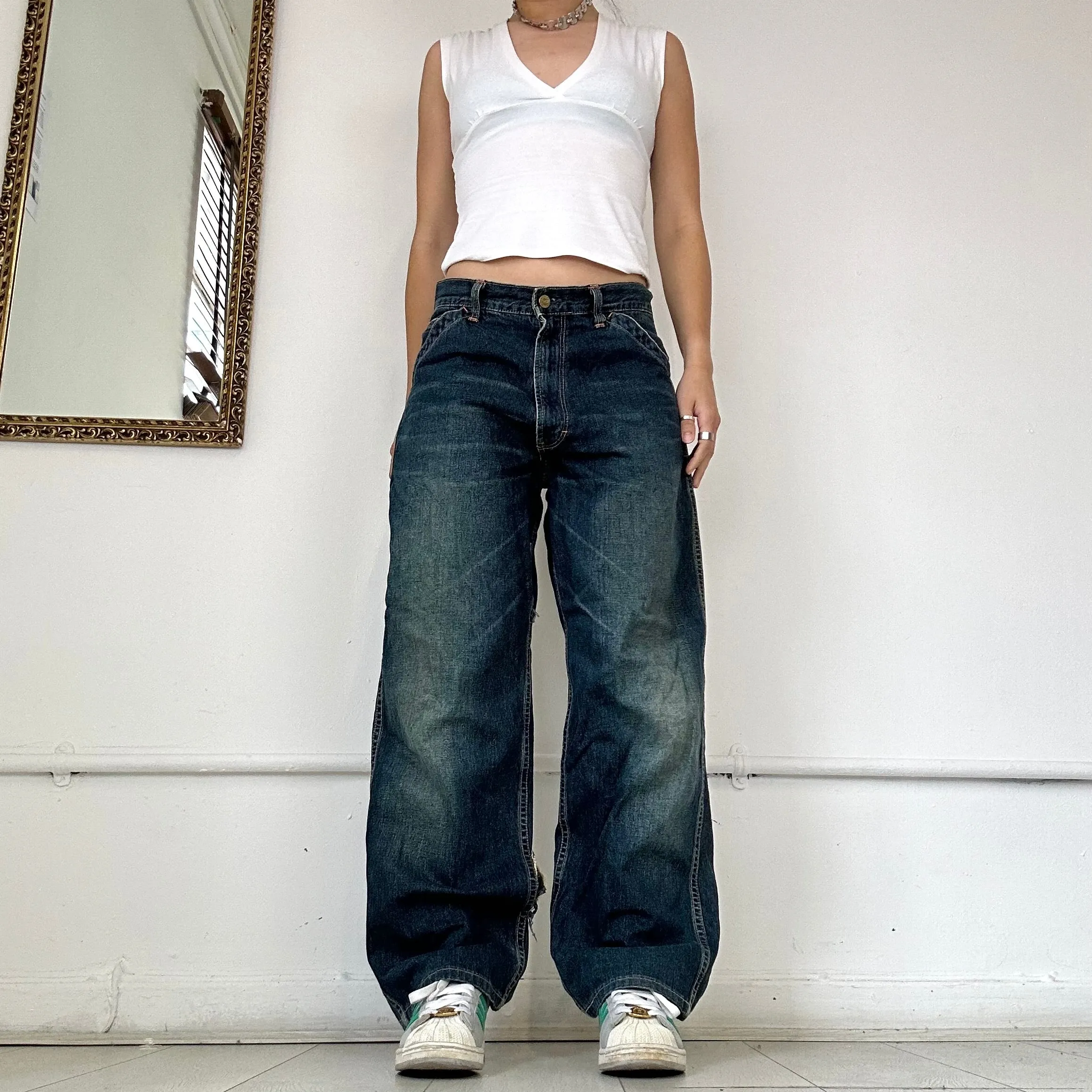Carhartt dark wash denim cargo jeans