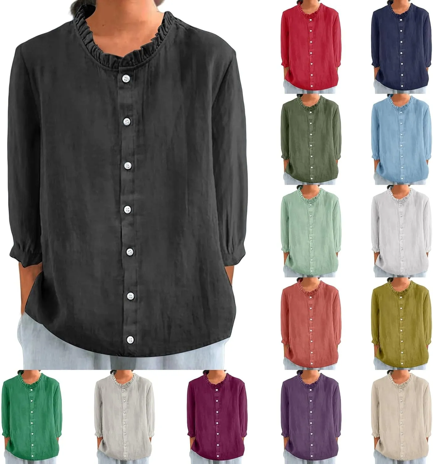 Cotton Linen Shirts for Women Summer Button Down Tops 3/4 Sleeve Dressy Casual Pleated Collar Blouse Oversized Tshirt