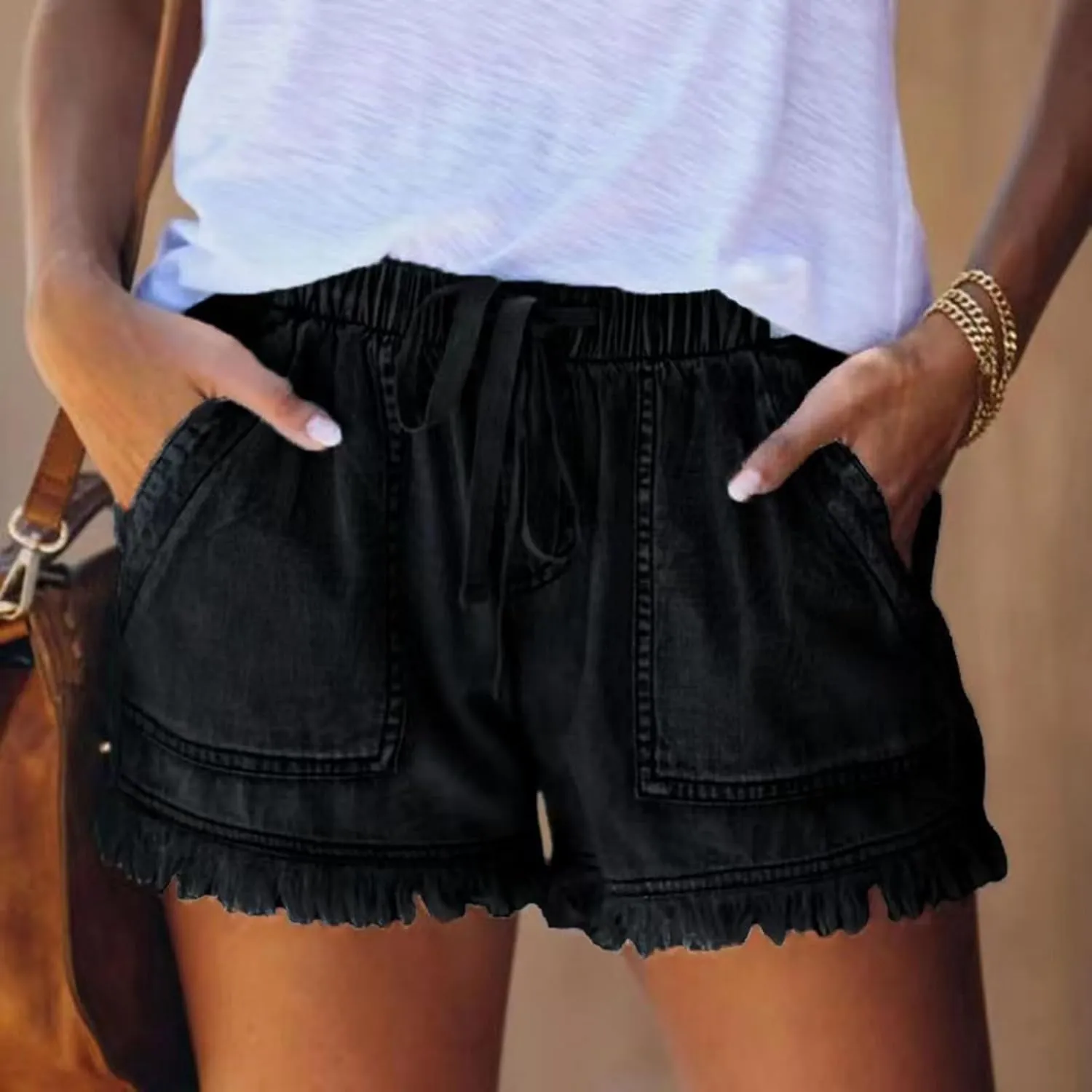 Cut Off Jeans Shorts for Women Elastic High Waisted Drawstring Raw Hem Denim Shorts Summer Hot Distressed Jeans