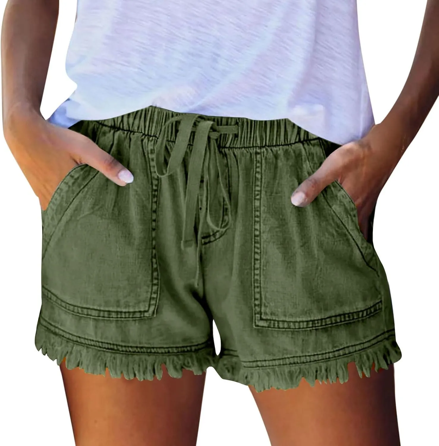 Cut Off Jeans Shorts for Women Elastic High Waisted Drawstring Raw Hem Denim Shorts Summer Hot Distressed Jeans