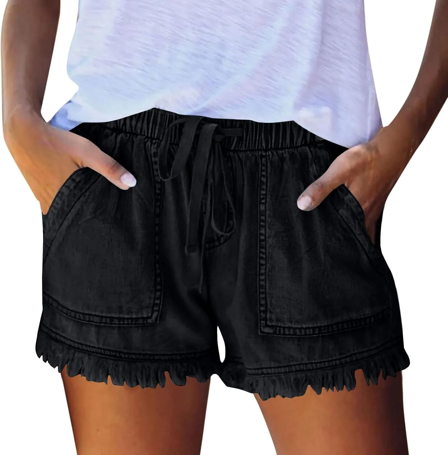 Cut Off Jeans Shorts for Women Elastic High Waisted Drawstring Raw Hem Denim Shorts Summer Hot Distressed Jeans