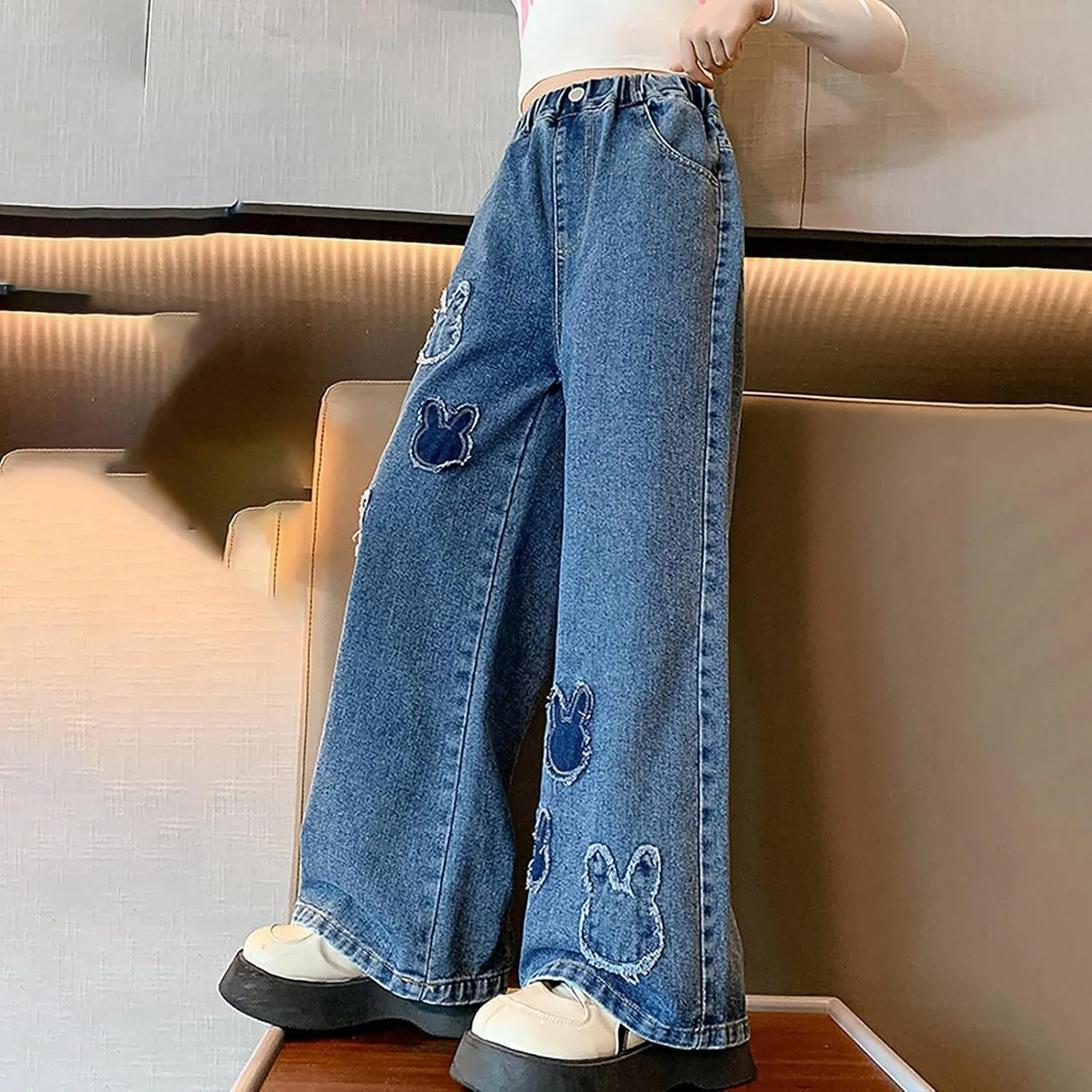 Cute Jeans for Teen Girls Baggy Jeans Y2K Streetwear Kids Wide Leg High Elastic Waist Jeans Loose Fit Denim Pants