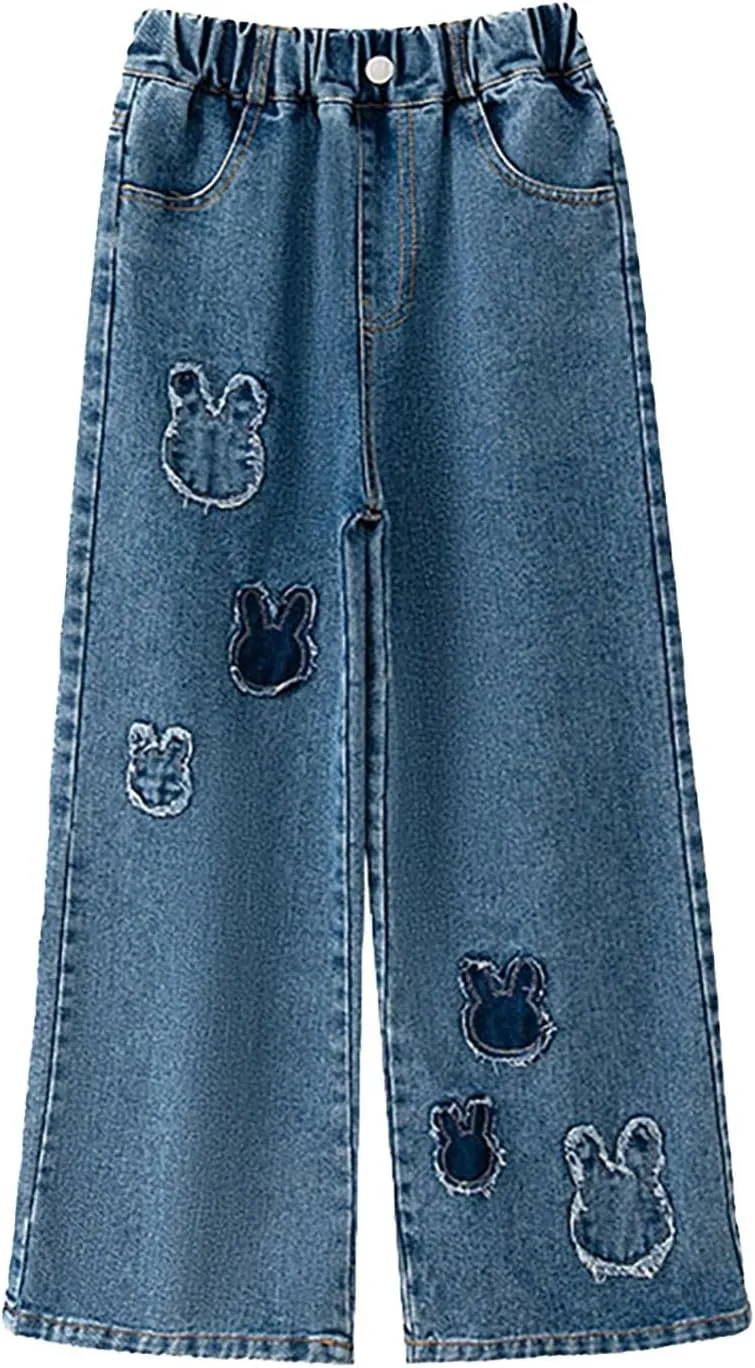 Cute Jeans for Teen Girls Baggy Jeans Y2K Streetwear Kids Wide Leg High Elastic Waist Jeans Loose Fit Denim Pants