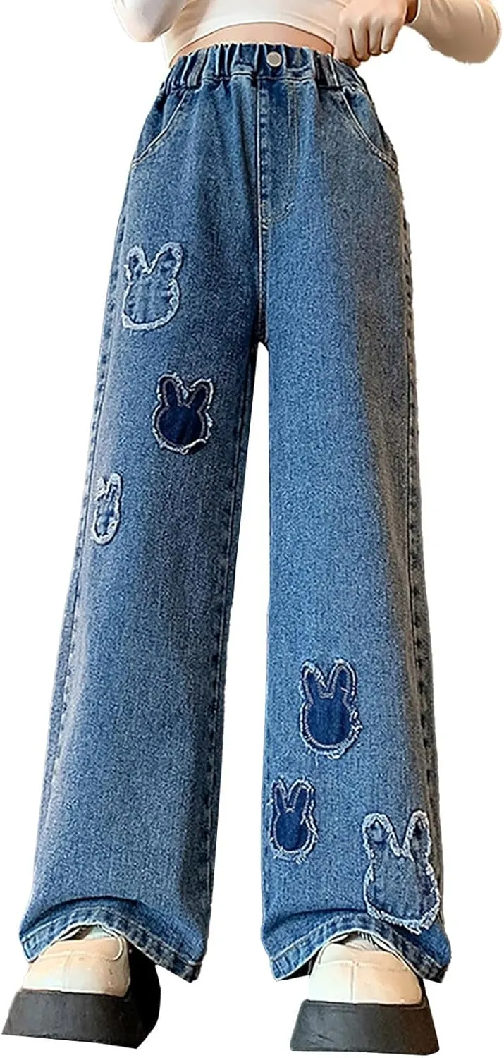 Cute Jeans for Teen Girls Baggy Jeans Y2K Streetwear Kids Wide Leg High Elastic Waist Jeans Loose Fit Denim Pants