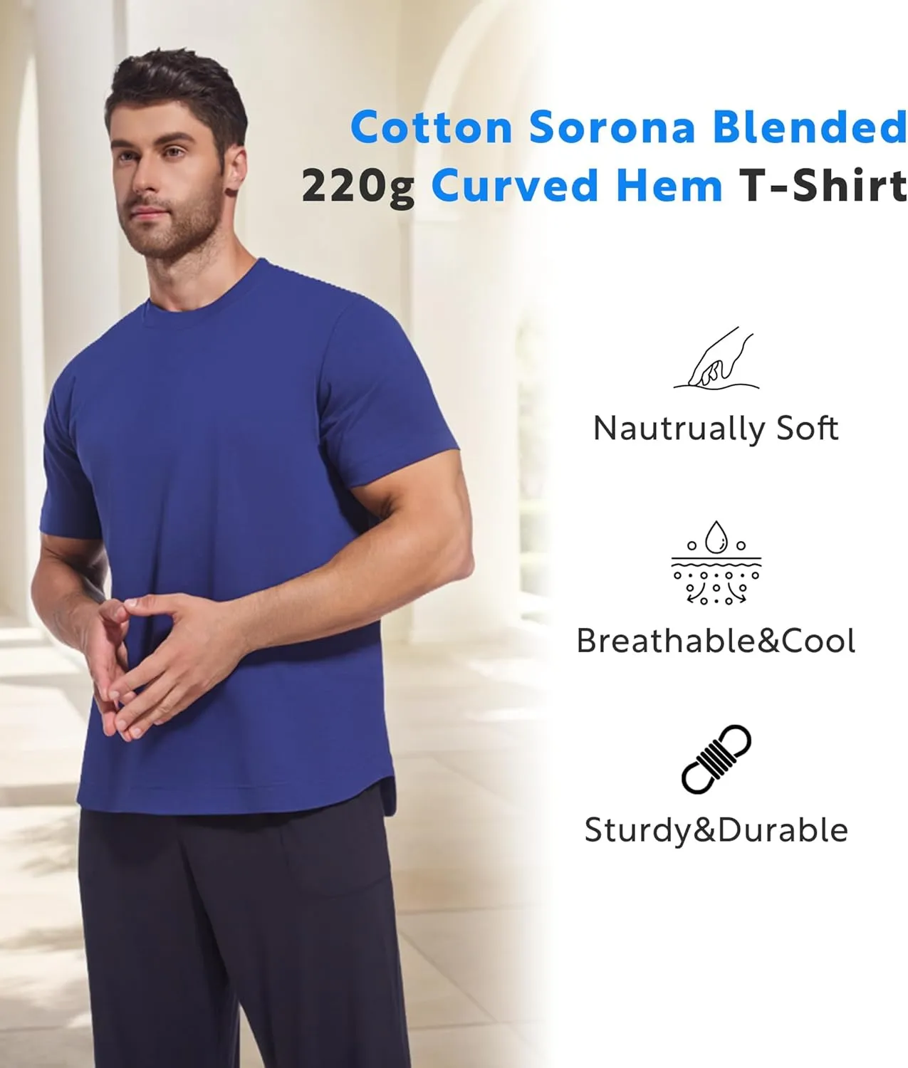 DAVID ARCHY Men's T-Shirt Heavyweight Tees Cotton Sorona Casual Plain Shirts Side Slit/Curved Hem Tees for Men 2-Pack