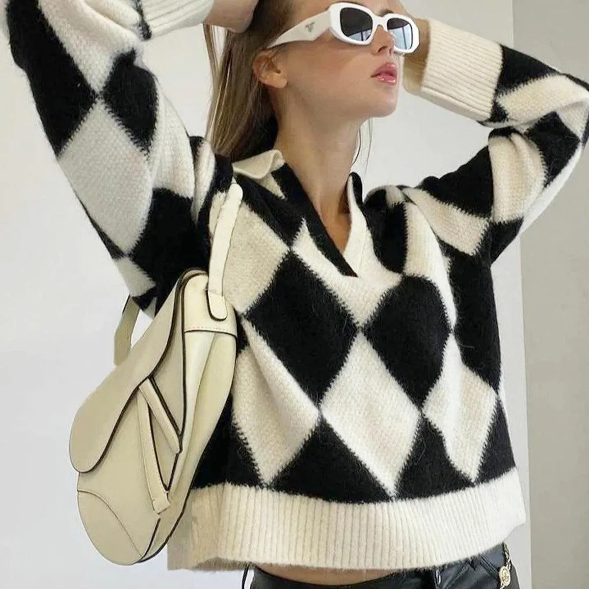 Diamond Pattern Asymmetric Collar Sweater