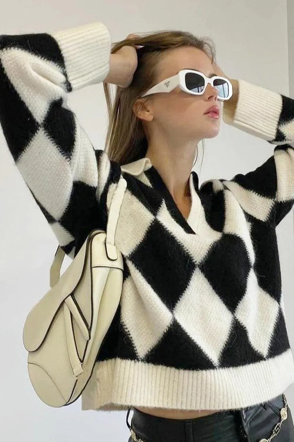 Diamond Pattern Asymmetric Collar Sweater