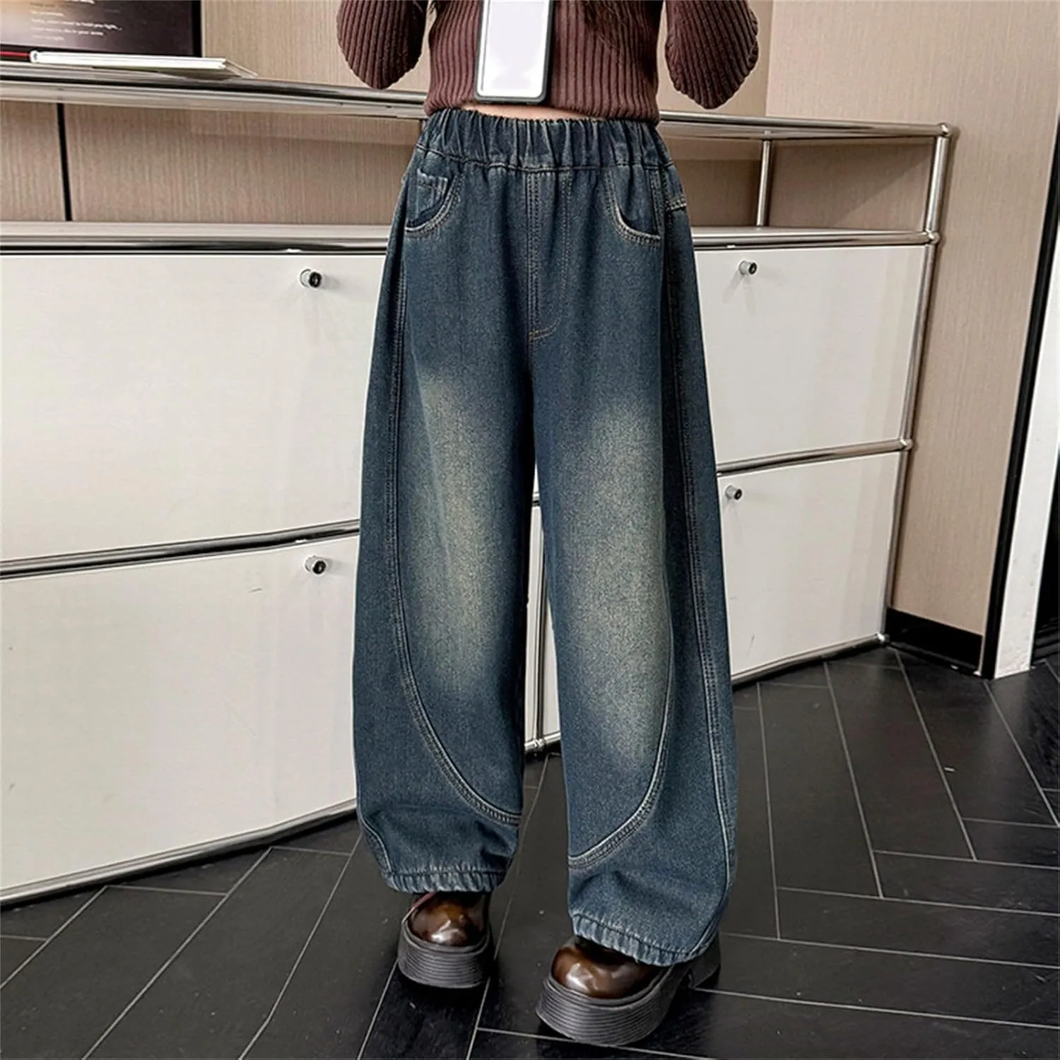 Girls Baggy Jeans Kids Wide Leg Jeans High Elastic Waist Boyfriend Jeans Y2K Loose Distressed Denim Pants Streetwear