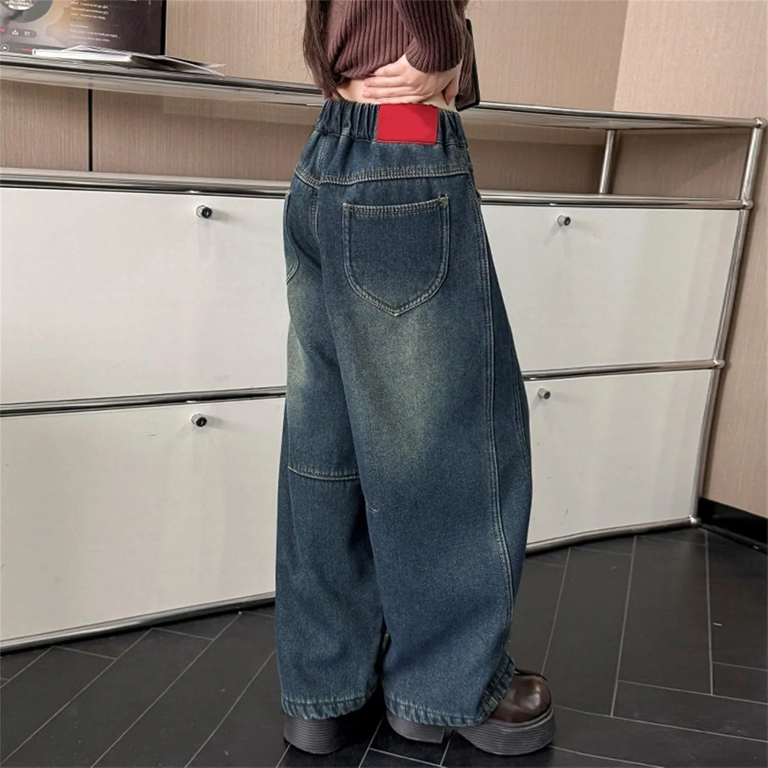 Girls Baggy Jeans Kids Wide Leg Jeans High Elastic Waist Boyfriend Jeans Y2K Loose Distressed Denim Pants Streetwear