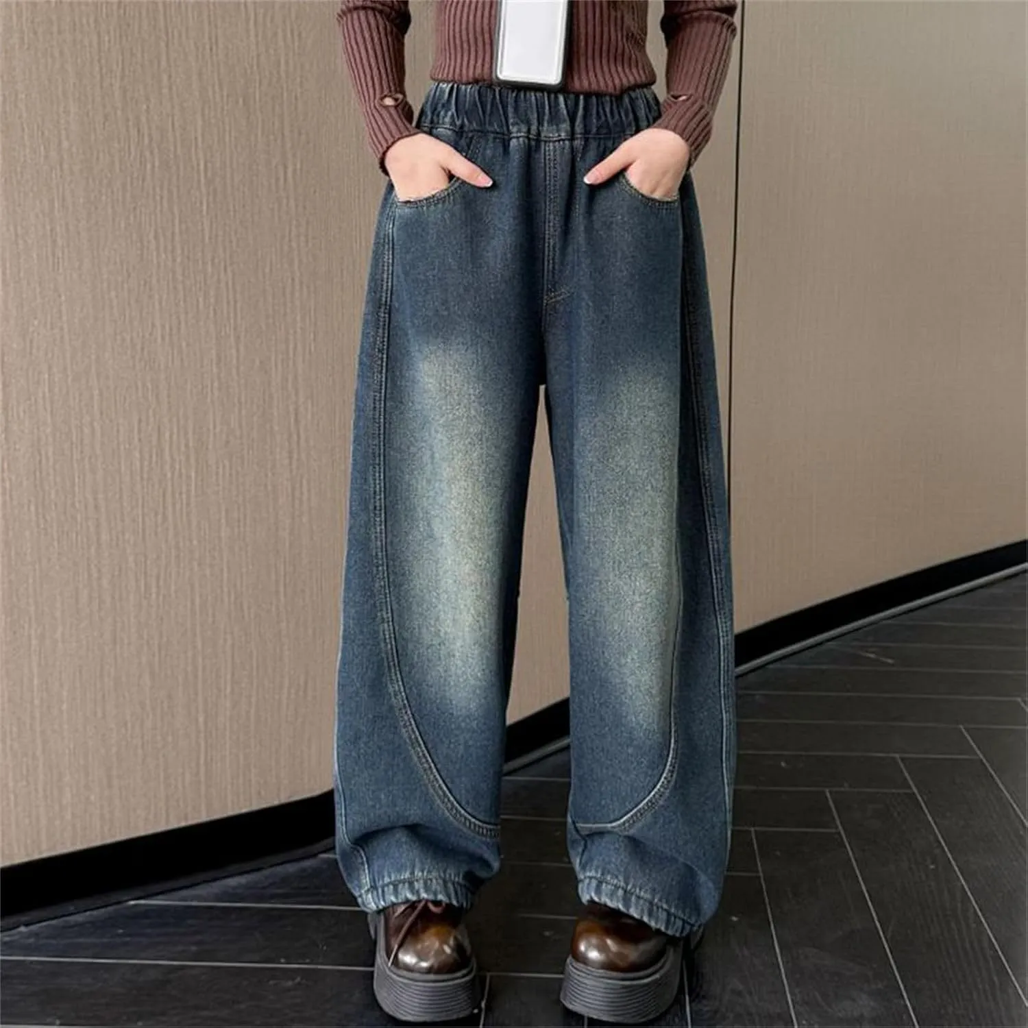 Girls Baggy Jeans Kids Wide Leg Jeans High Elastic Waist Boyfriend Jeans Y2K Loose Distressed Denim Pants Streetwear