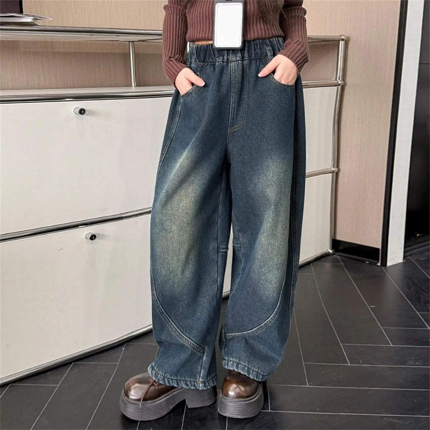 Girls Baggy Jeans Kids Wide Leg Jeans High Elastic Waist Boyfriend Jeans Y2K Loose Distressed Denim Pants Streetwear
