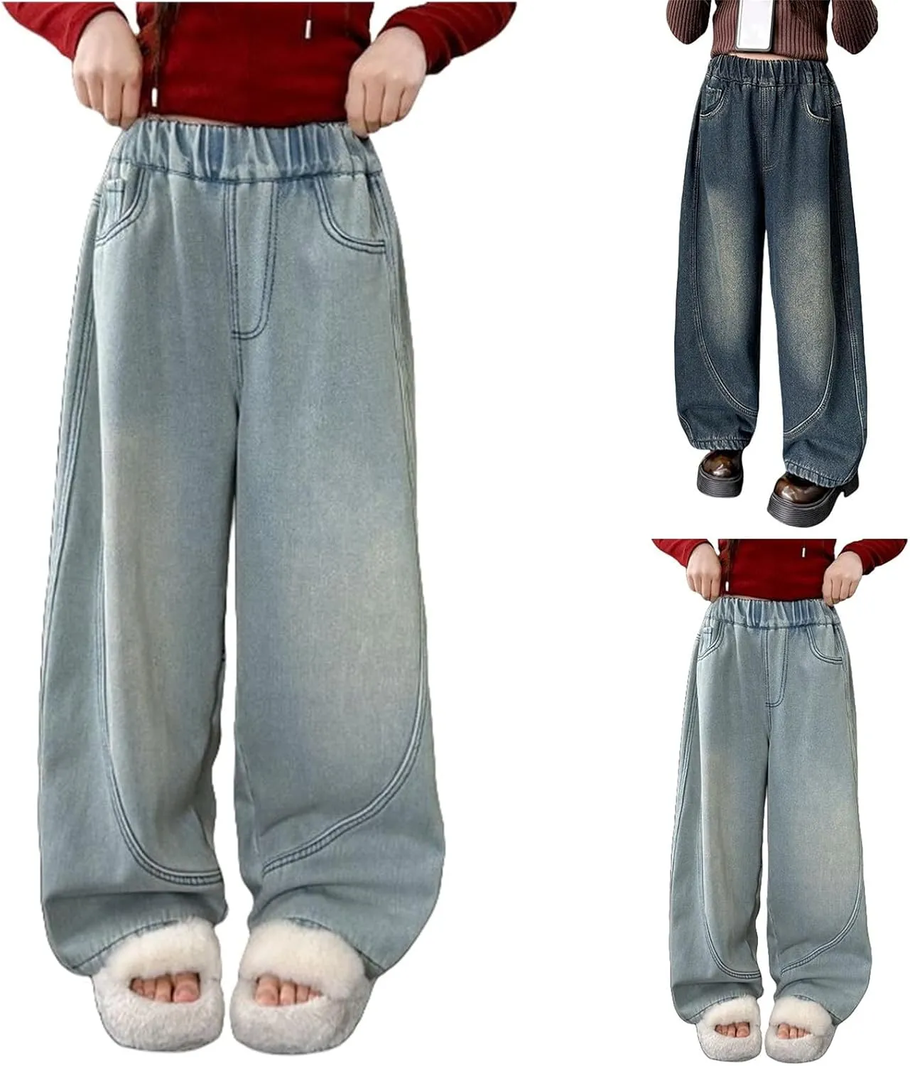 Girls Baggy Jeans Kids Wide Leg Jeans High Elastic Waist Boyfriend Jeans Y2K Loose Distressed Denim Pants Streetwear