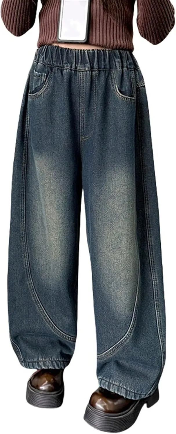 Girls Baggy Jeans Kids Wide Leg Jeans High Elastic Waist Boyfriend Jeans Y2K Loose Distressed Denim Pants Streetwear