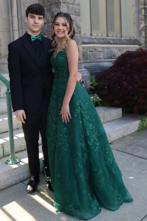 Green Tulle Lace A-line V-neck Floor Length Prom Dresses, Evening Dresses, SP956