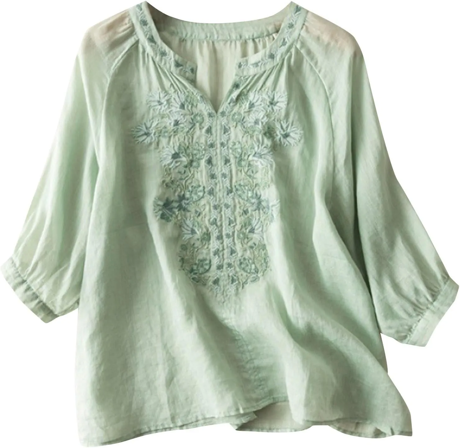Linen Shirt Women Summer Flowy Elbow Sleeve Shirts Cute Vintage Embroidered Top Button Short Henley Tee Dressy Blouse