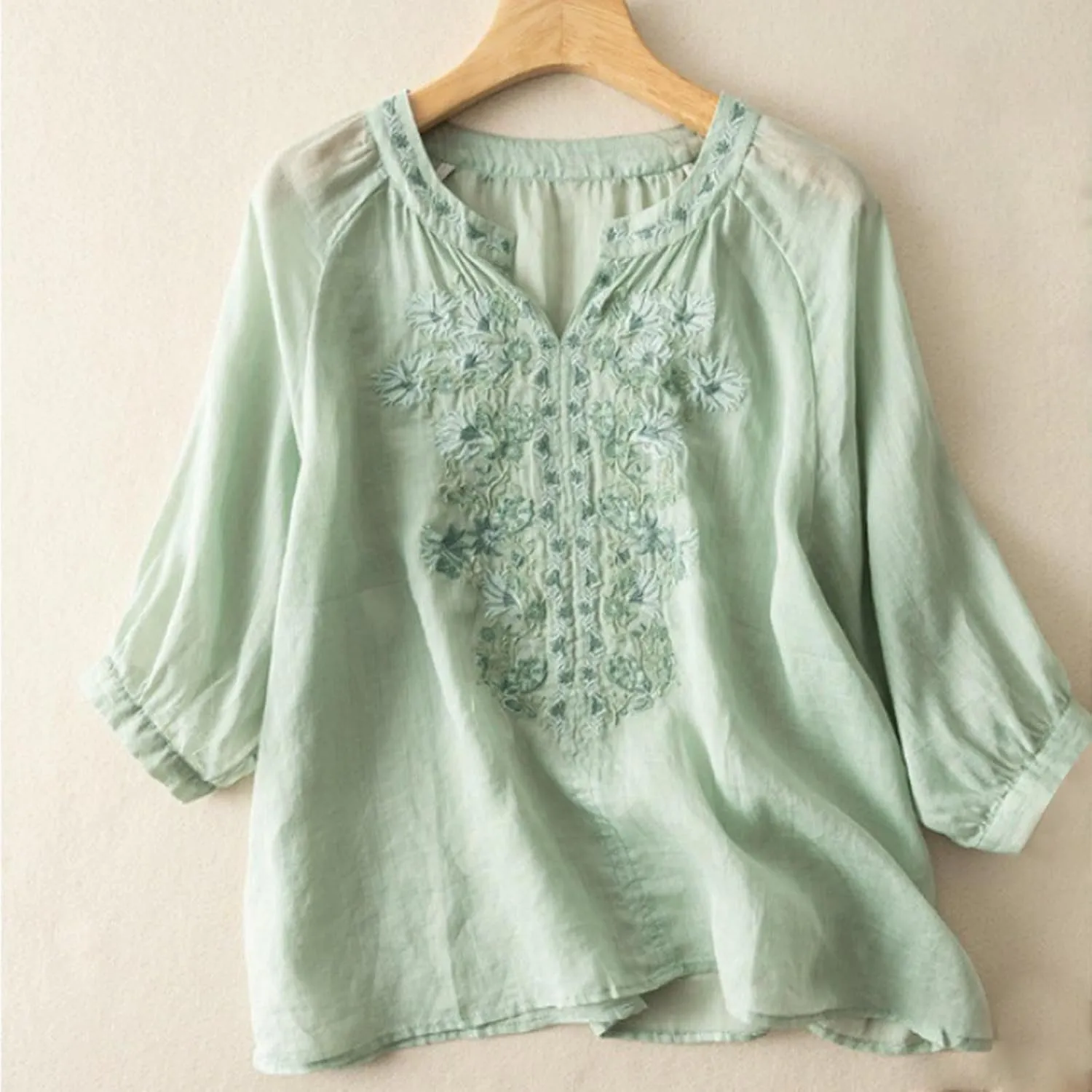 Linen Shirt Women Summer Flowy Elbow Sleeve Shirts Cute Vintage Embroidered Top Button Short Henley Tee Dressy Blouse
