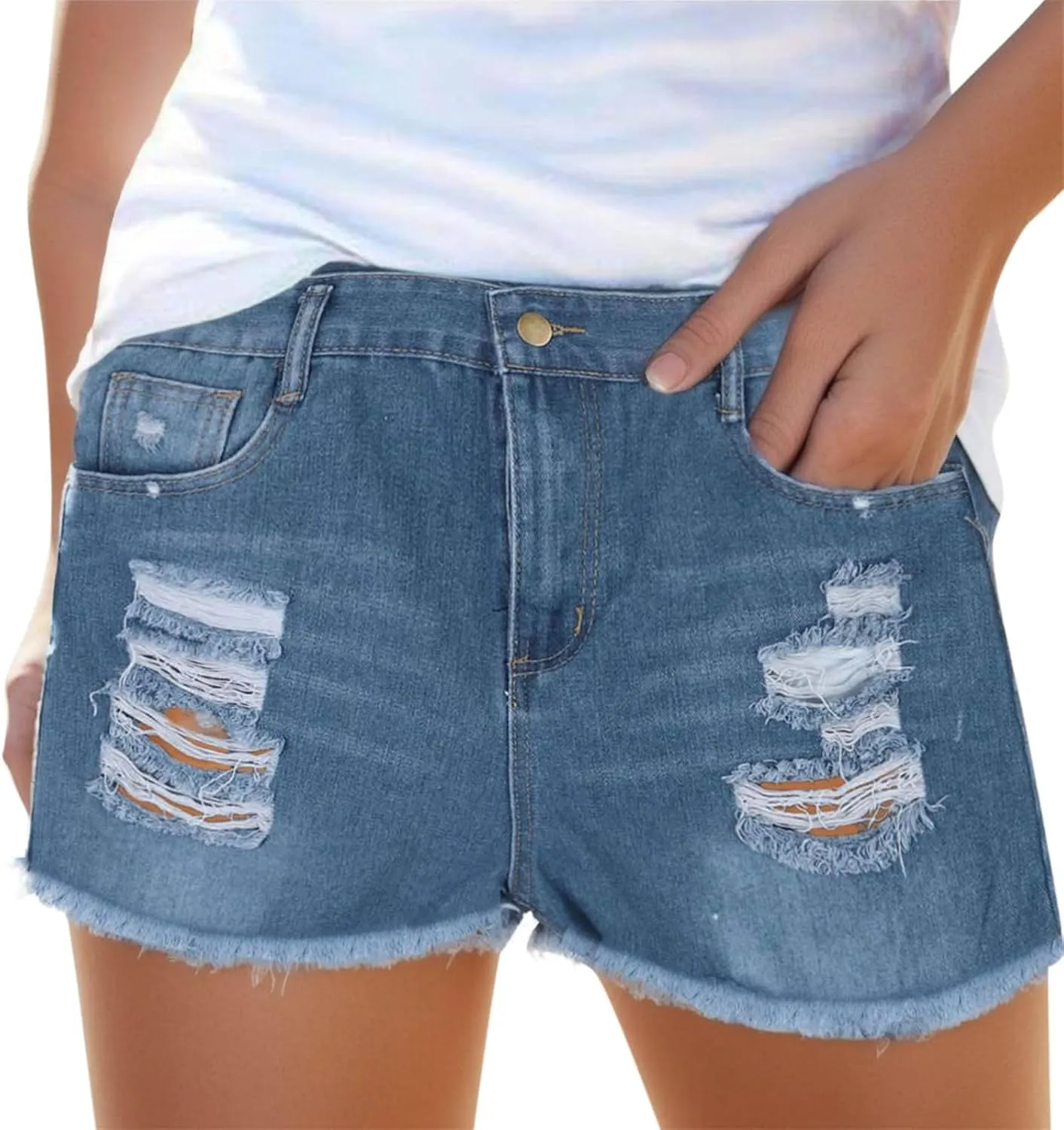 Ripped Jeans Shorts Womens High Waisted Distressed Stretchy Denim Shorts Frayed Raw Hem Summer Trendy Comfy Shorts