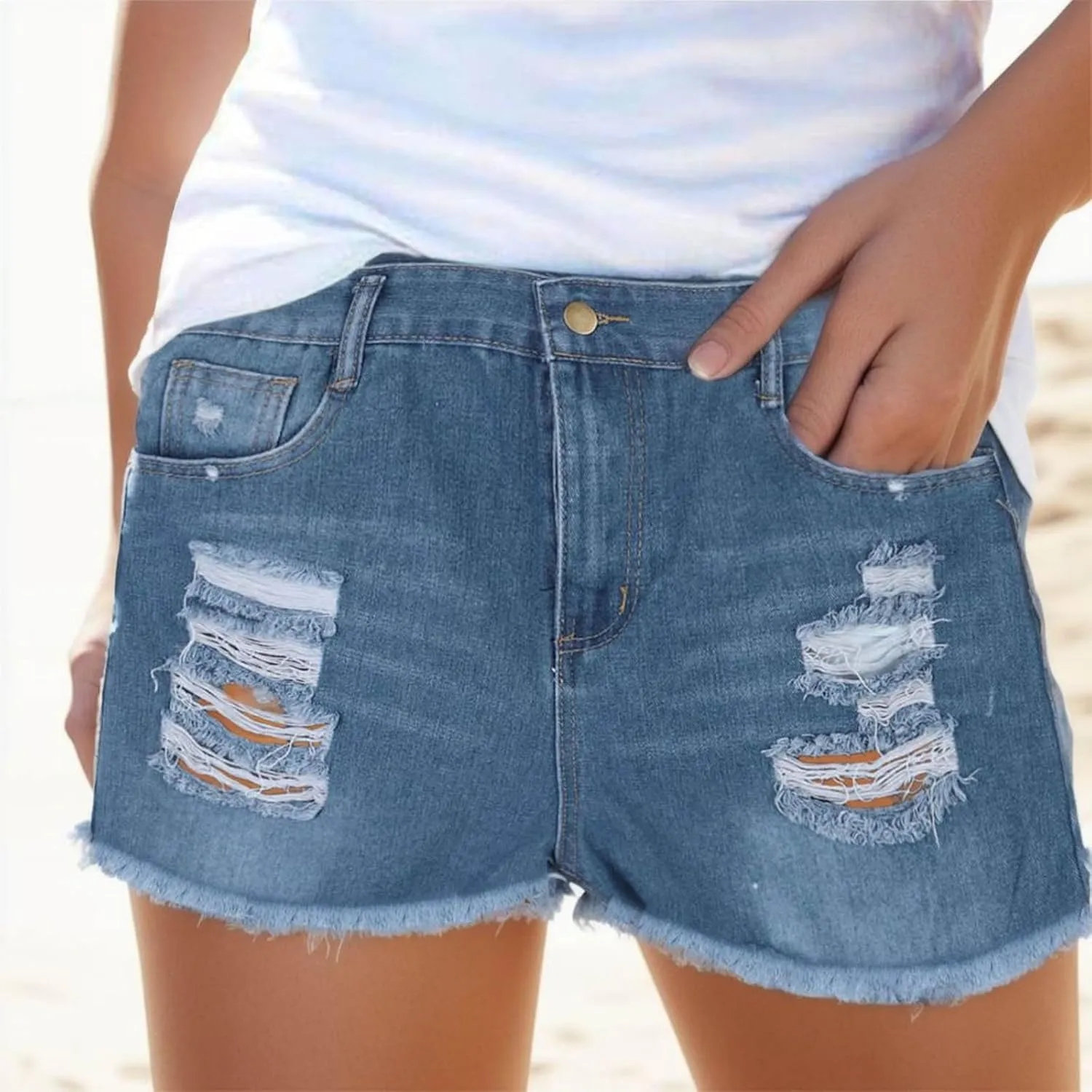 Ripped Jeans Shorts Womens High Waisted Distressed Stretchy Denim Shorts Frayed Raw Hem Summer Trendy Comfy Shorts