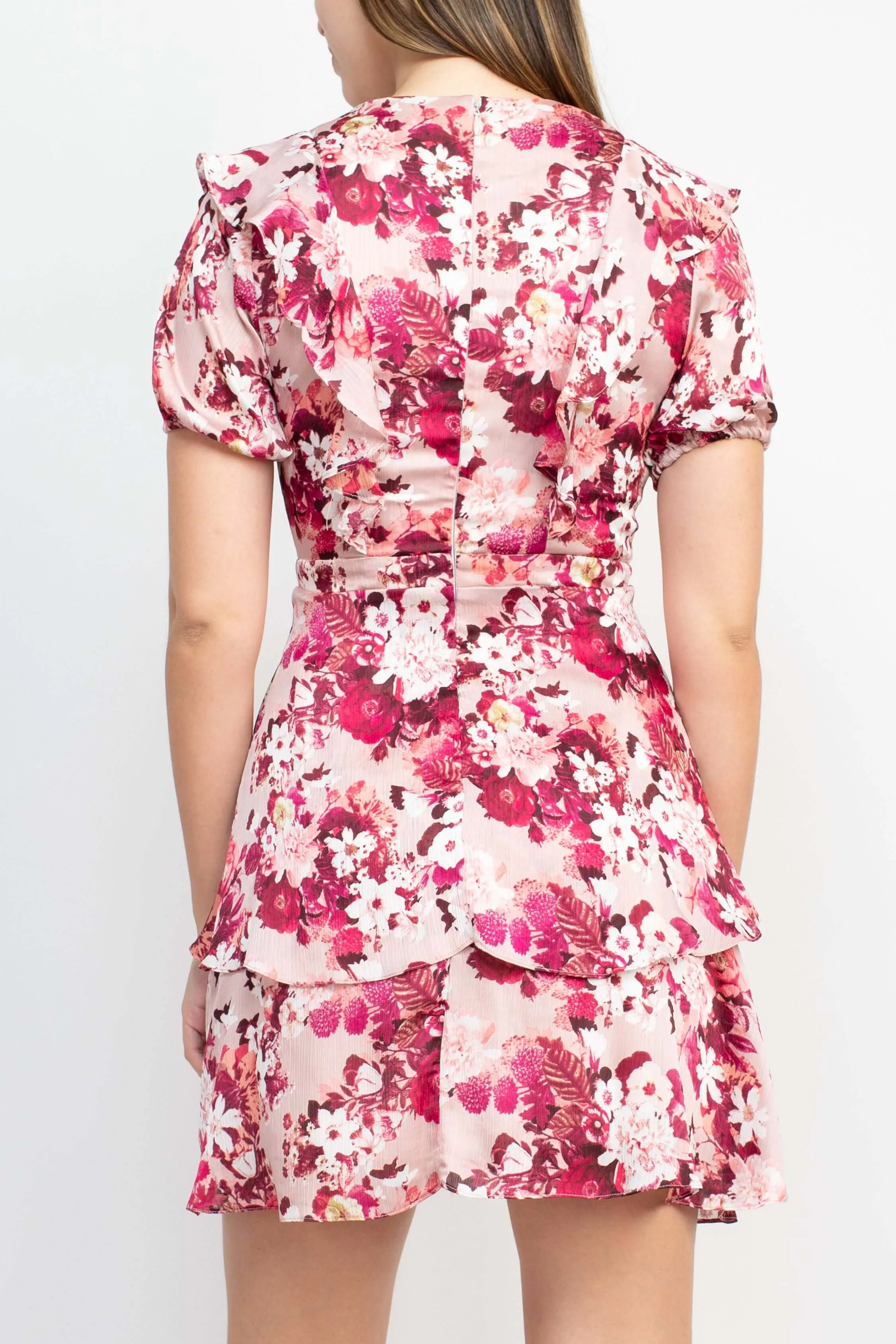 Sage Collective Crew Neck Short Sleeve Banded Waist Tiered Floral Print Satin Dress