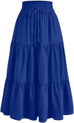 Skirts for Women Trendy Summer Vacation Boho Floral Tiered Maxi Skirt Drawstring High Waist Flowy Ruffle a Line Skirt