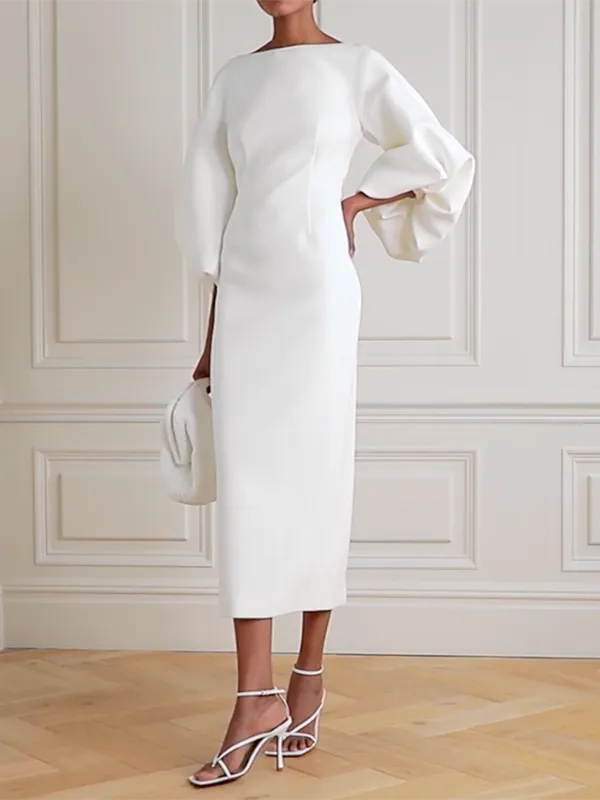Solid Color Loose Puff Sleeves Midi Dresses