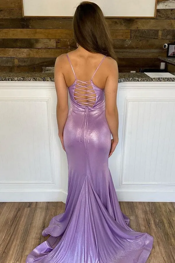 Sparkly Lilac Mermaid Pleated V-neck Long Prom Dresses, Evening Gown, SP714