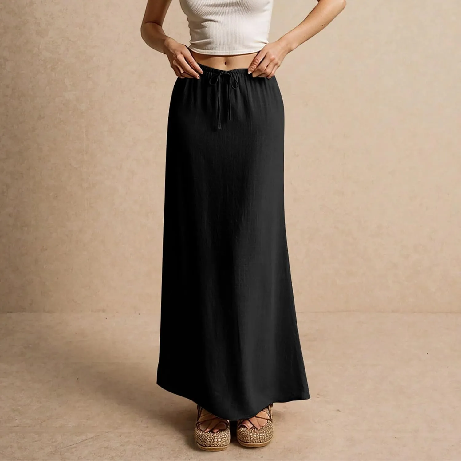 Spring Skirts for Women 2025 Loose Casual Trendy Solid Color Drawstring Beach Vacation Maxi Linen Skirt, S-2XL