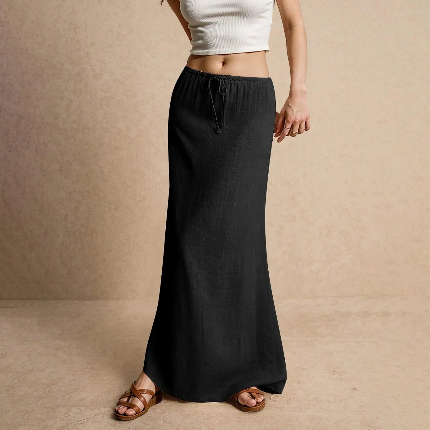 Spring Skirts for Women 2025 Loose Casual Trendy Solid Color Drawstring Beach Vacation Maxi Linen Skirt, S-2XL