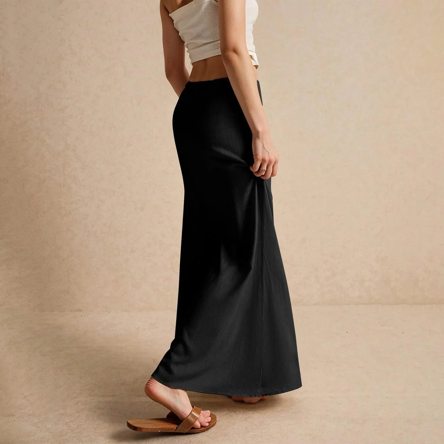 Spring Skirts for Women 2025 Loose Casual Trendy Solid Color Drawstring Beach Vacation Maxi Linen Skirt, S-2XL