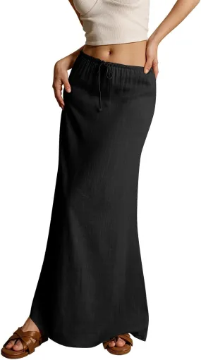 Spring Skirts for Women 2025 Loose Casual Trendy Solid Color Drawstring Beach Vacation Maxi Linen Skirt, S-2XL